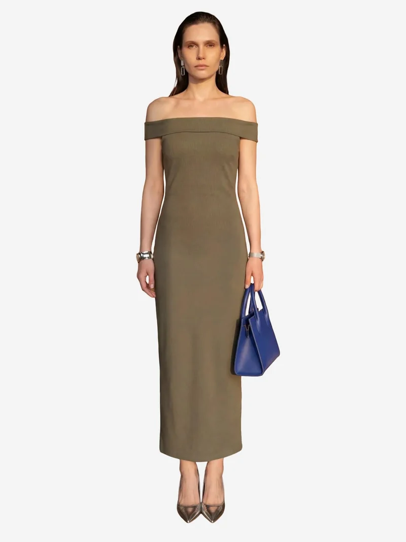 MY FASHION Khaki Green MY FASHION Off Shoulder Bodycon Maxi Dress with Slit for Women | Best Price UAE